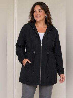 Torrid women’s lightweight long cargo jacket, black, women’s size Large (12).EUC